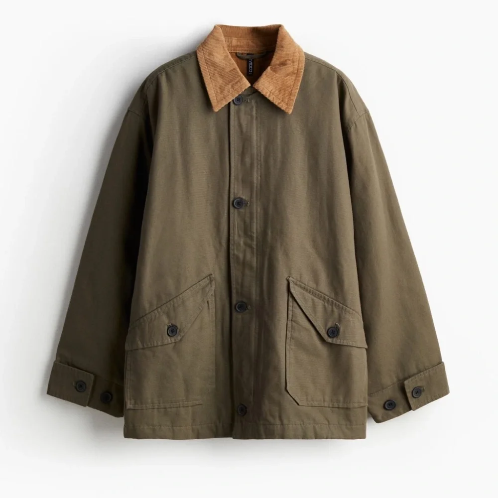 H&M oversized canvas barn jacket w/ contrasting corduroy collar khaki green NWT
